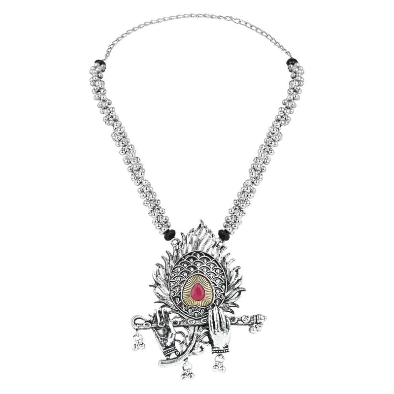 Etnico Ethnic Stylish Silver Oxidised Krishna Murli and Feather Long Necklace With Earring Jewellery Set for Women And Girls (MC152OX)