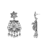 Etnico Silver Oxidised Ethnic Peacock Feather Ghungroo Long Necklace Jewellery Set For Women/Girls