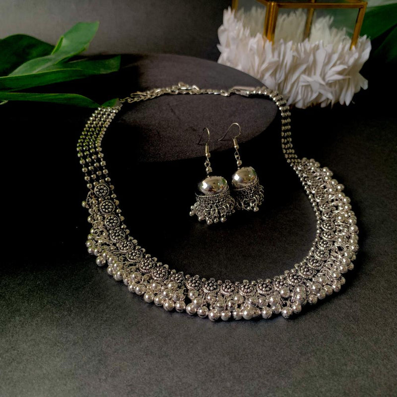 Etnico Ethnic Silver Oxidised Floral Design Ghungroo Long Necklace Jewellery With Jhumka Earrings Set For Women/Girls (MC158OX)