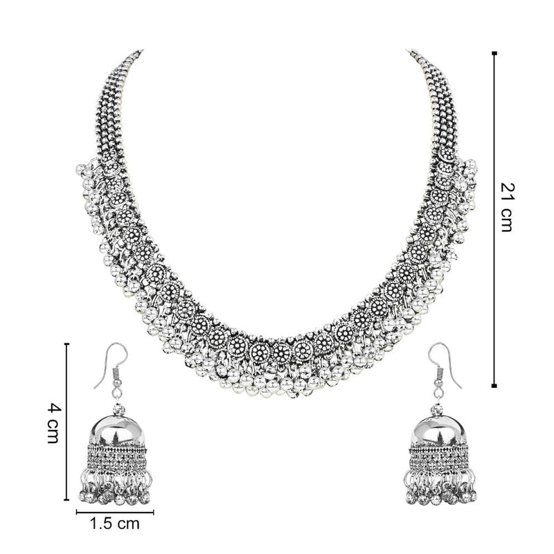 Etnico Ethnic Silver Oxidised Floral Design Ghungroo Long Necklace Jewellery With Jhumka Earrings Set For Women/Girls (MC158OX)