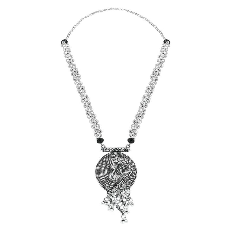 Etnico Ethnic Silver Oxidised Peacock Design Long Necklace With Earring Jewellery Set For Women/Girls (MC162OX)