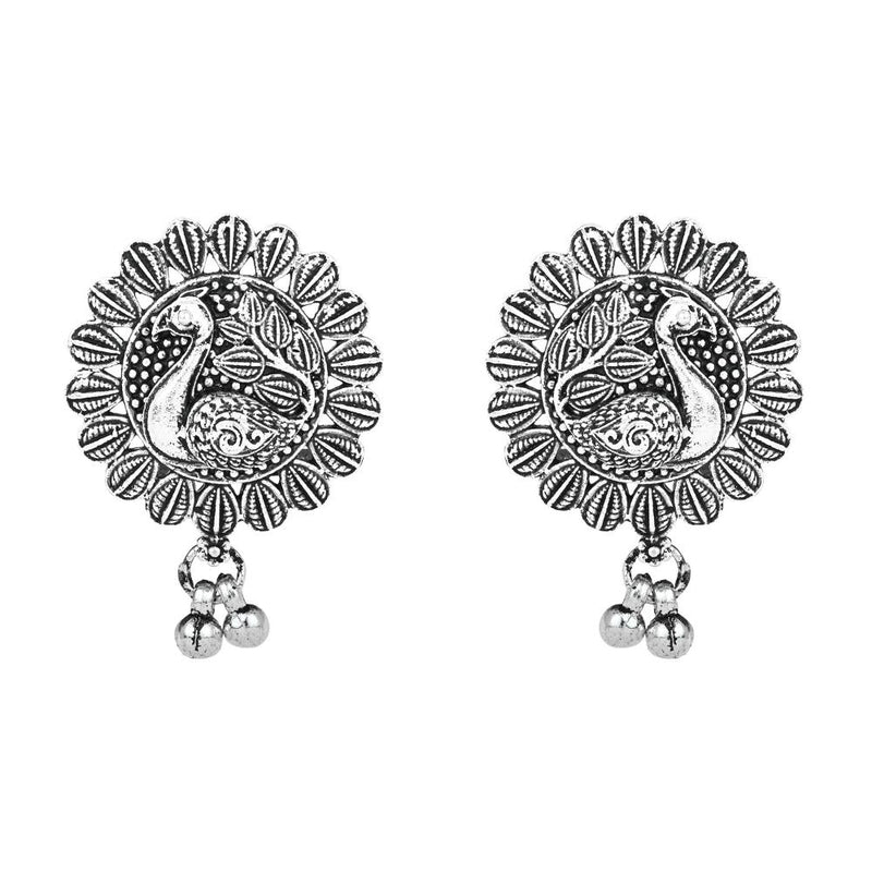 Etnico Ethnic Silver Oxidised Peacock Design Long Necklace With Earring Jewellery Set For Women/Girls (MC162OX)