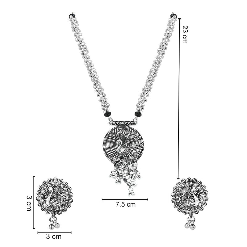 Etnico Ethnic Silver Oxidised Peacock Design Long Necklace With Earring Jewellery Set For Women/Girls (MC162OX)