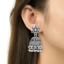 Etnico Ethnic Silver Oxidised Floral Design Ghungroo Long Necklace Jewellery With Jhumka Earrings Set For Women/Girls (MC169OX)