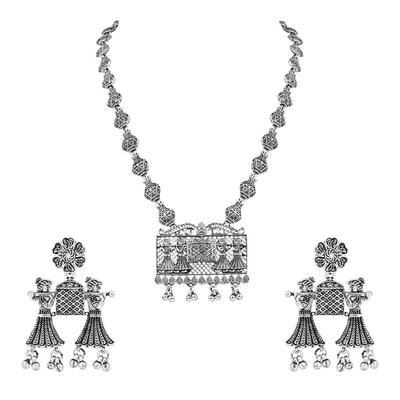 Etnico Ethnic Silver Oxidised Long Necklace Jewellery With Drop Earrings Set For Women/Girls (MC170OX)