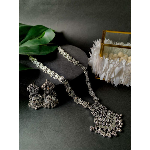 Etnico Silver Oxidised Traditional Long Necklace with Earring Set for Women (MC173OX)
