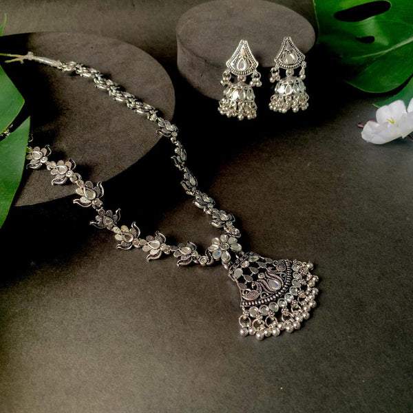 Etnico Ethnic Stylish Boho Silver Oxidised Afghani Long Necklace Jewellery Set For Women & Girls