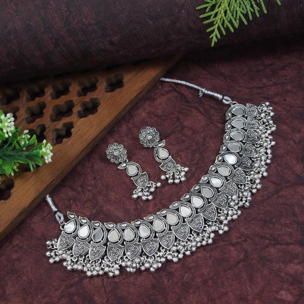 Etnico Silver Oxidised Afghani Ghungroo Drop Choker Necklace With Earrings Set For Women (MC179OX)