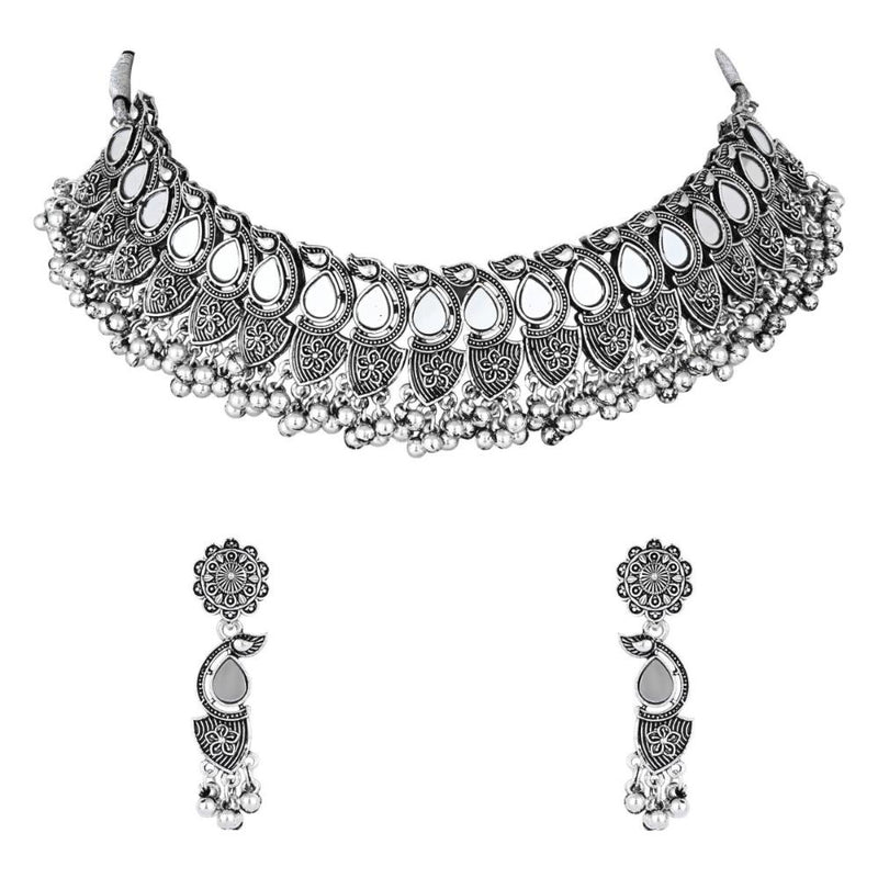 Etnico Silver Oxidised Afghani Ghungroo Drop Choker Necklace With Earrings Set For Women (MC179OX)