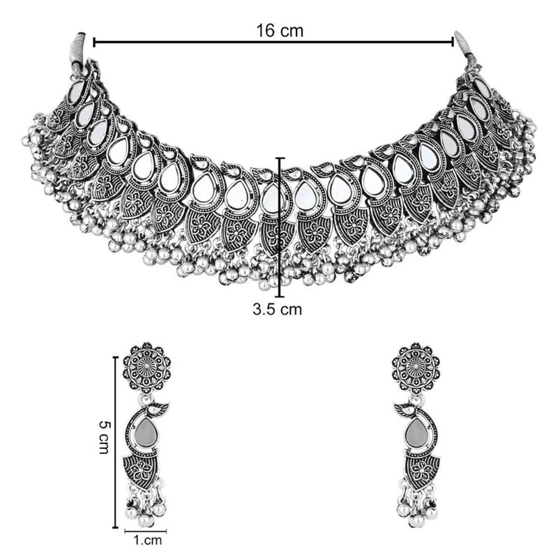 Etnico Silver Oxidised Afghani Ghungroo Drop Choker Necklace With Earrings Set For Women (MC179OX)