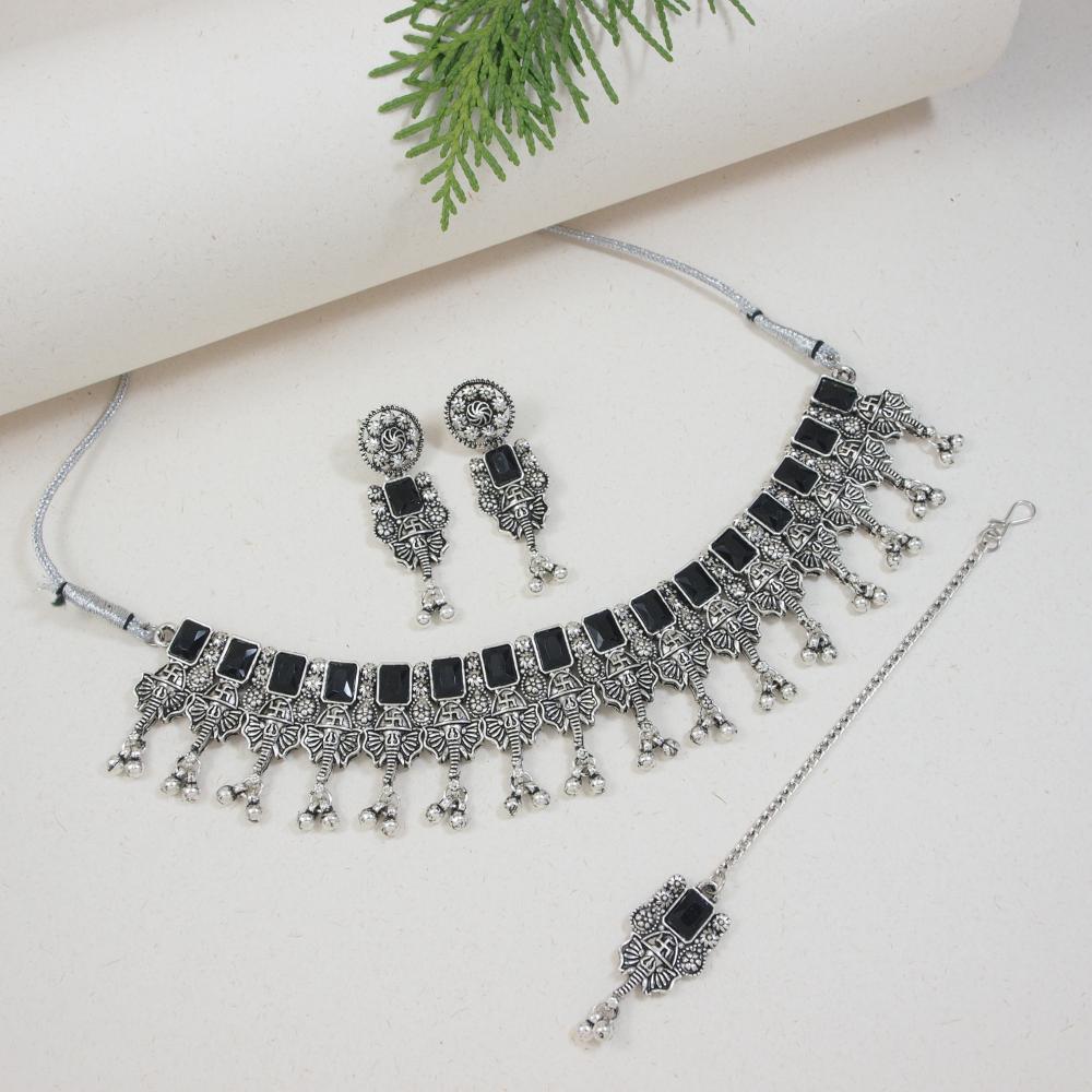 Etnico Boho Silver Oxidised Choker Necklace With Earrings & Maang Tikka Set (MC181ZB)