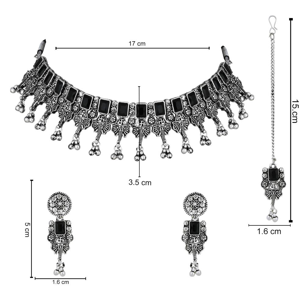 Etnico Boho Silver Oxidised Choker Necklace With Earrings & Maang Tikka Set (MC181ZB)