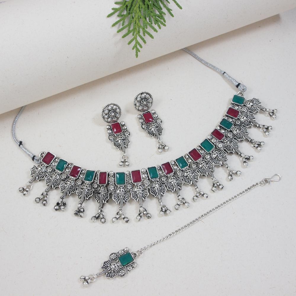 Etnico Boho Silver Oxidised Choker Necklace With Earrings & Maang Tikka Set (MC181ZMG)