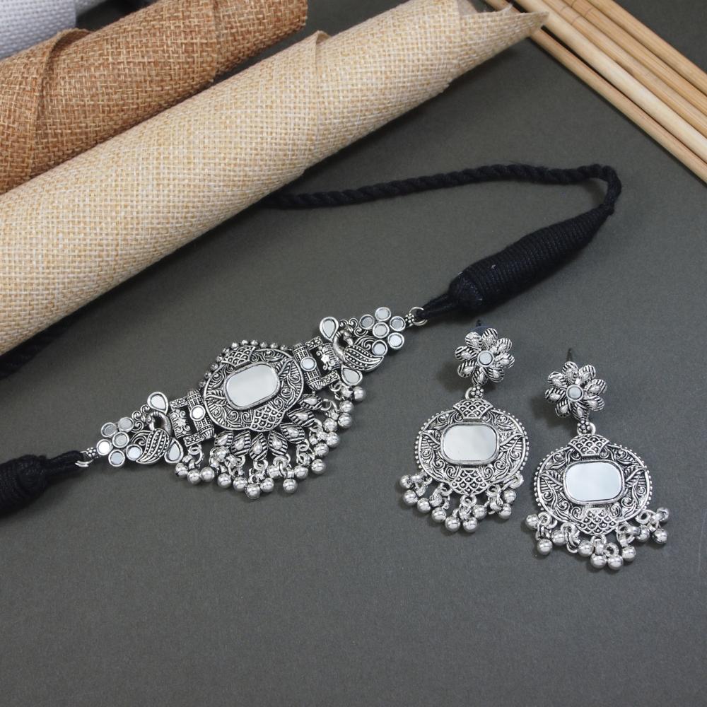 Etnico Silver Oxidised Afghani Mirror Work Choker Necklace & Earrings Set For Women (MC196OX)