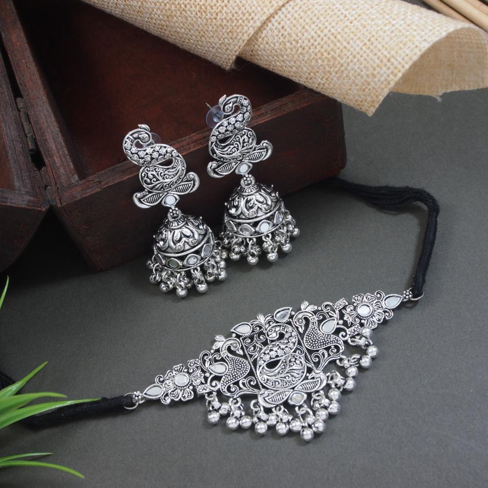 Etnico Silver Oxidised Afghani Mirror Work Choker Necklace & Earrings Set For Women (MC198OX)