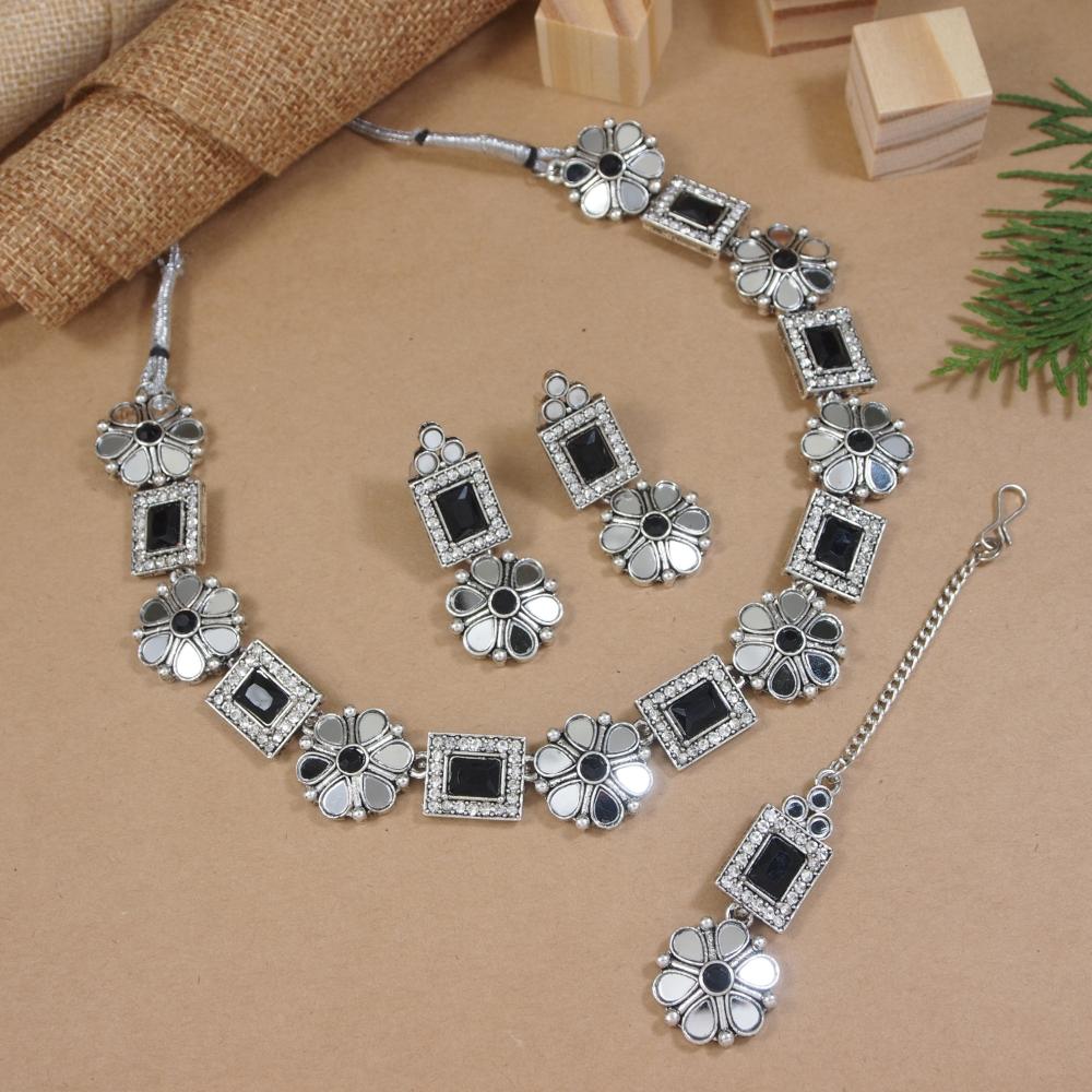 Etnico Silver Oxidised Floral Mirror Work Choker Necklace & Earrings Set For Women (MC201ZB)