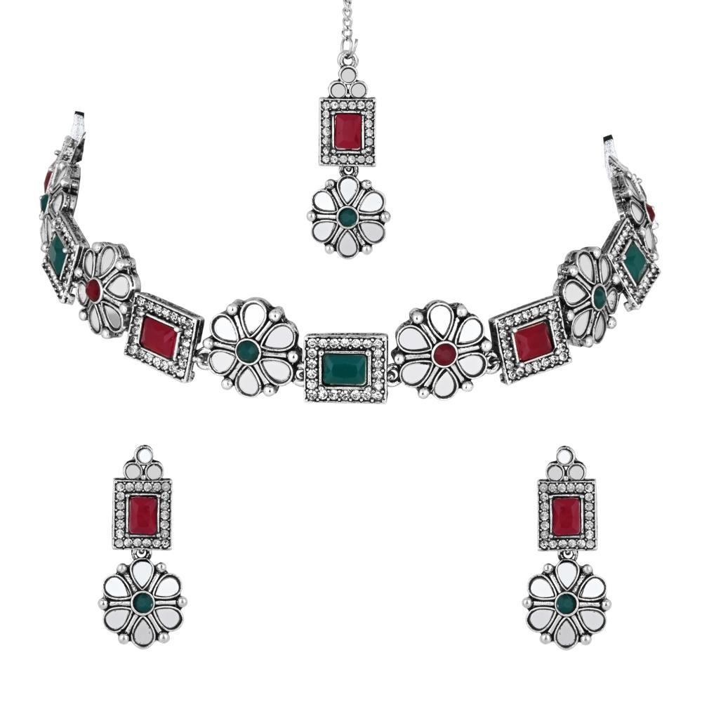 Etnico Silver Oxidised Floral Mirror Work Choker Necklace & Earrings Set For Women (MC201ZMG)