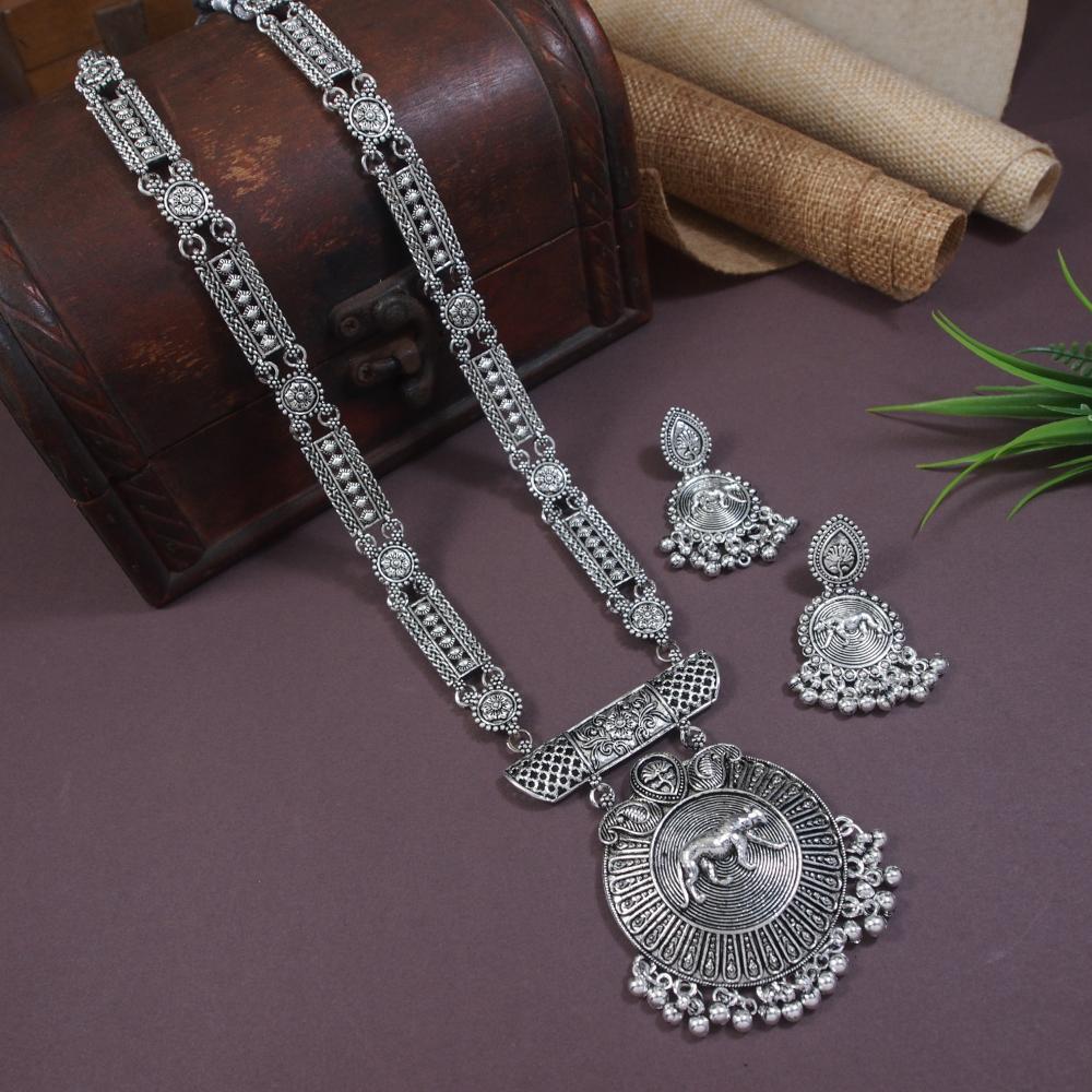 Etnico Silver Oxidised Long Necklace & Earrings Set For Women (MC203OX)