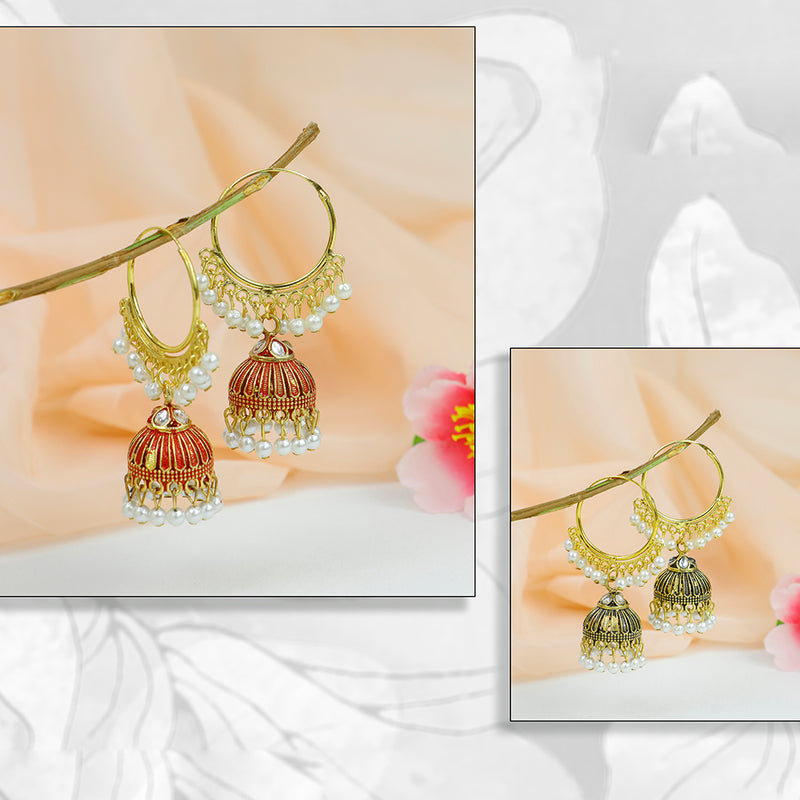 Mahavir Kundan Stone And Meenakari Jhumki Earrings