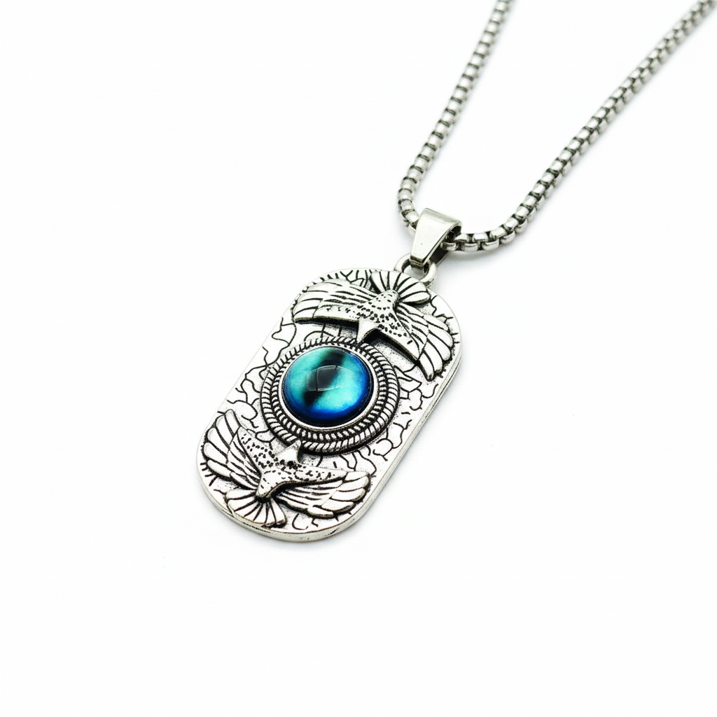 Etnico Silver Plated Pendant Necklace with Blue Cabochon & Bird Motif Detailing (MJN002S)