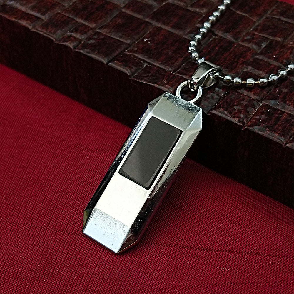 Etnico Silver?Tone Hexagonal Pendant Necklace with Black Inlay & Ball Chain (MJN011S)
