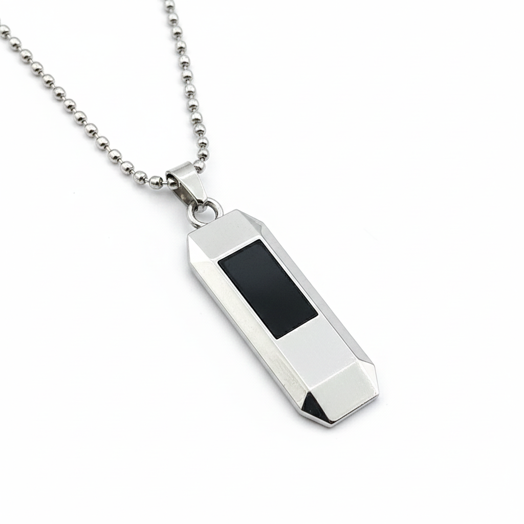 Etnico Silver?Tone Hexagonal Pendant Necklace with Black Inlay & Ball Chain (MJN011S)