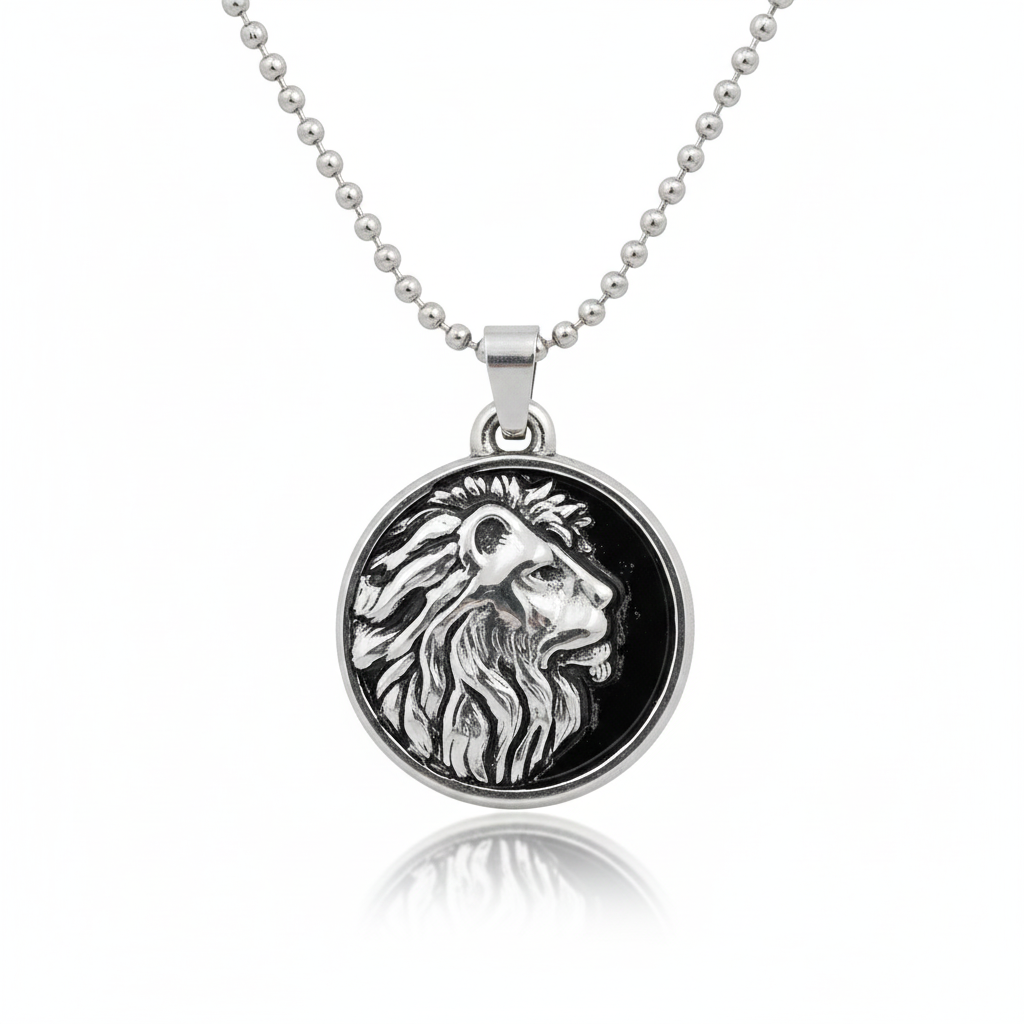 Etnico Silver?Tone Lion Head Pendant Necklace with Embossed Detailing & Ball Chain (MJN013S)