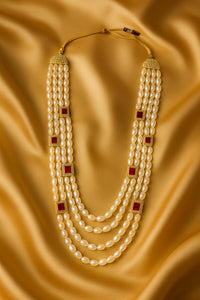 Mahi Royal Multi-Layered Artificial Pearls Crystals Dulha Mala for Groom Traditional Wedding Jewelry with Red Stone Detailing | Ethnic Maharaja Haar for Men (ML1103874G)