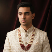 Mahi Multi-Layer Artificial Pearl & Maroon Beads Necklace | Wedding Sherwani Jewellery for Men | Ethnic Dulha Haar for Marriage Ceremony (ML1103875G)