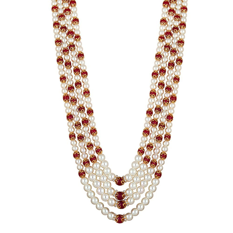 Mahi 4 Layers Red and White Artificial Beads Base Groom / Dulha Mala Moti Haar Necklace for Men (ML1108109GRed)