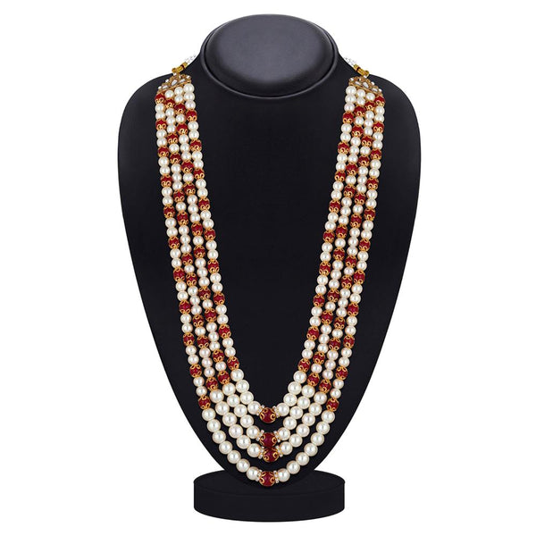 Mahi 4 Layers Red and White Artificial Beads Base Groom / Dulha Mala Moti Haar Necklace for Men (ML1108109GRed)