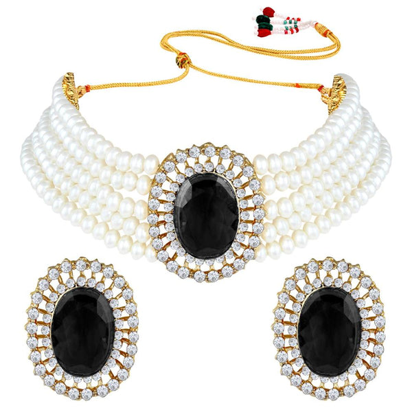 Etnico Gold Plated Traditional Stone Studded Pearl Choker Necklace Jewellery Set For Women/Girls (ML316) (Black)