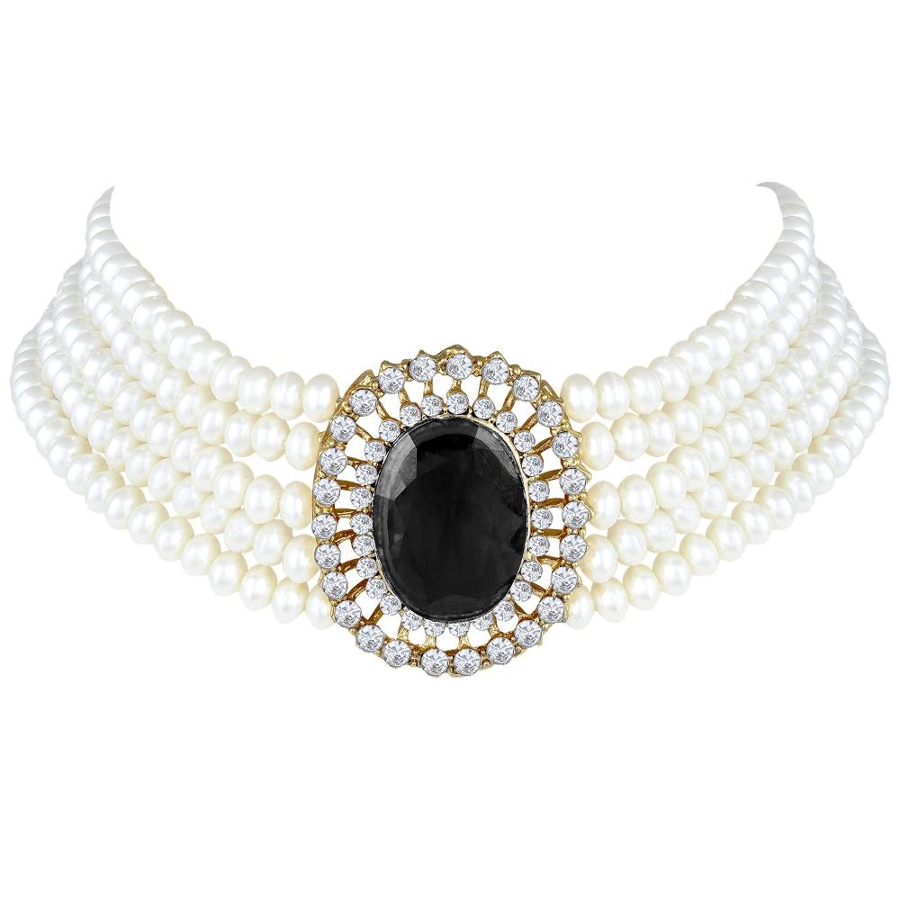 Etnico Gold Plated Traditional Stone Studded Pearl Choker Necklace Jewellery Set For Women/Girls (ML316) (Black)