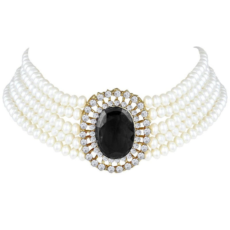 Etnico Gold Plated Traditional Stone Studded Pearl Choker Necklace Jewellery Set For Women/Girls (ML316) (Black)