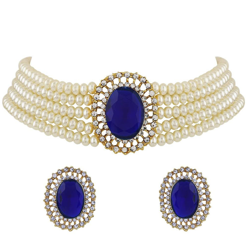 Etnico Gold Plated Traditional Stone Studded Pearl Choker Necklace Jewellery Set For Women/Girls (ML316) (Blue)