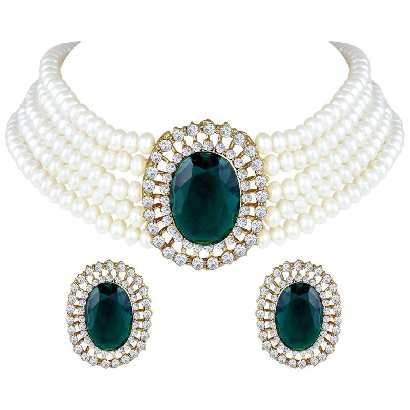 Etnico Gold Plated Traditional Green Stone Studded Pearl Choker Necklace Jewellery Set For Women/Girls (ML316G)
