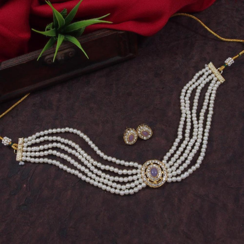 Etnico Gold Plated Traditional Stone Pearl Choker Necklace With Earrings Set For Women (ML321Pu)