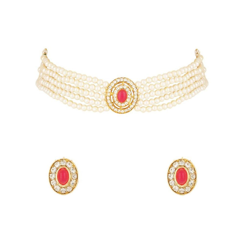 Etnico Gold Plated Traditional Stone Pearl Choker Necklace With Earrings Set For Women (ML321Q)