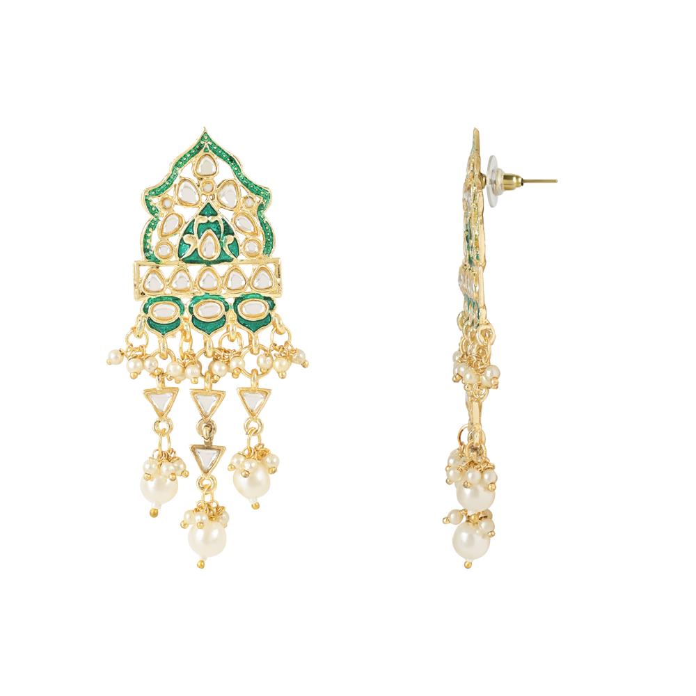 Etnico Gold Plated Traditional Meenakari Kundan Handcrafted Multi Strand Long Pearl Necklace Jewellery With Dangle Earrings & Finger Ring Set For Women/Girls (ML326G)