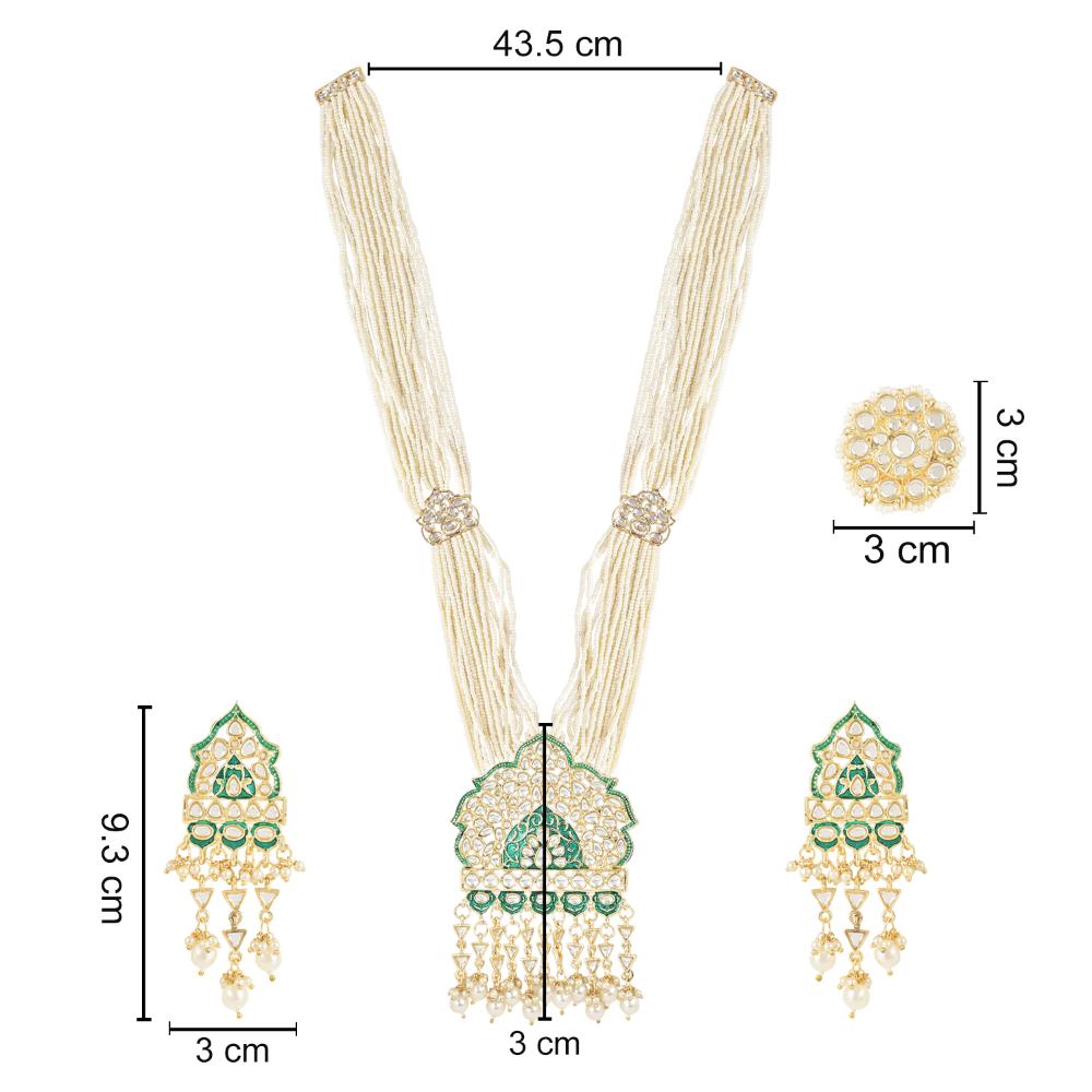 Etnico Gold Plated Traditional Meenakari Kundan Handcrafted Multi Strand Long Pearl Necklace Jewellery With Dangle Earrings & Finger Ring Set For Women/Girls (ML326G)