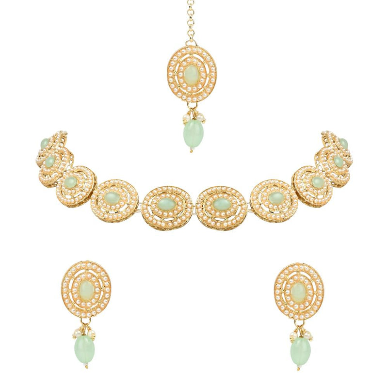 Etnico Traditional Handcrafted Pearl Necklace Jewellery Set With Earrings & Maang Tikka Set For Women And Girls (Mint)