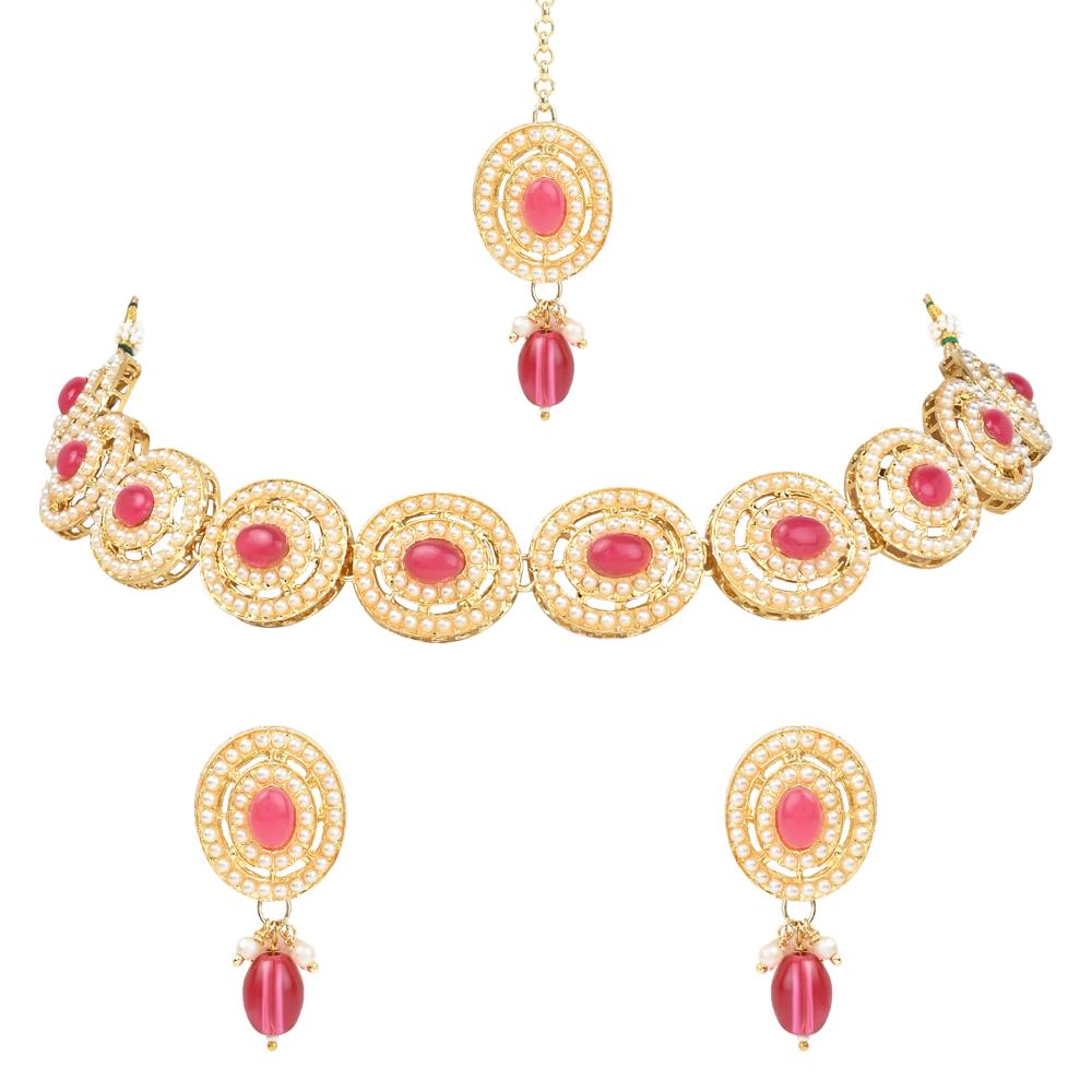 Etnico Traditional Handcrafted Pearl Necklace Jewellery Set With Earrings & Maang Tikka Set For Women And Girls (ML329Pi)