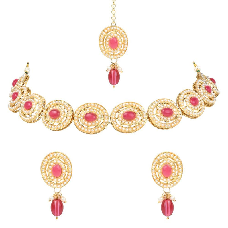 Etnico Traditional Handcrafted Pearl Necklace Jewellery Set With Earrings & Maang Tikka Set For Women And Girls (ML329Pi)