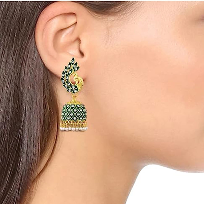 Subhag Alankar Green Beautiful Peacock Design Morr Kundan jhumki earrings