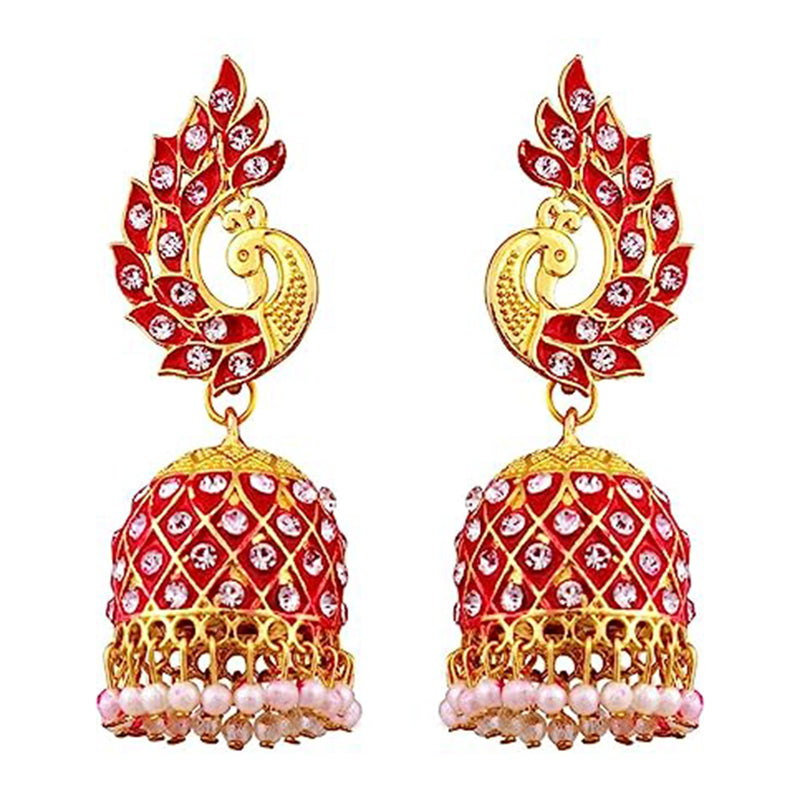 Subhag Alankar Red Beautiful Peacock Design Morr Kundan jhumki earrings