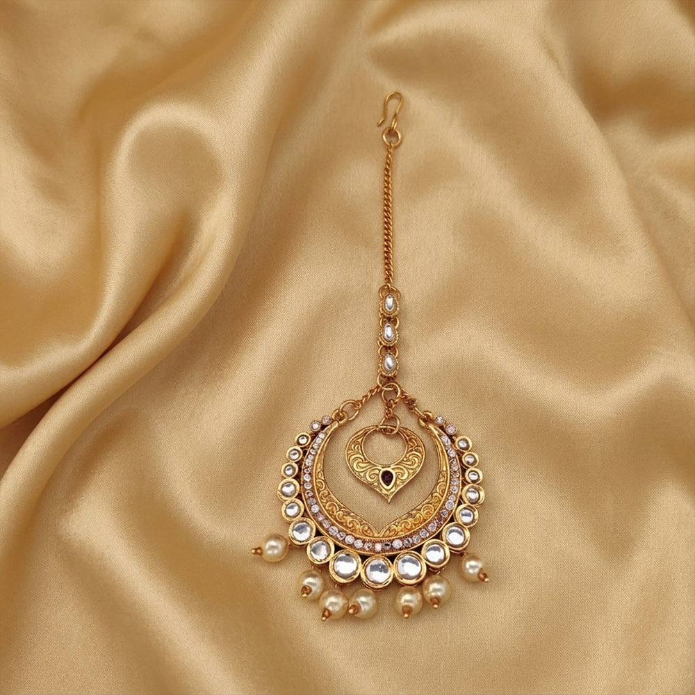 Js Fashion  Fancy Design Clustered Pearl High Gold Polish Antique Maang Tikka