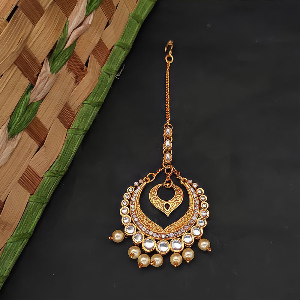 Js Fashion  Fancy Design Clustered Pearl High Gold Polish Antique Maang Tikka