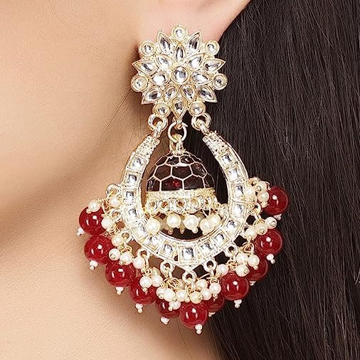 Subhag Alankar Maroon Attractive Brass pearl bead stone jhumki earrings for women and girls
