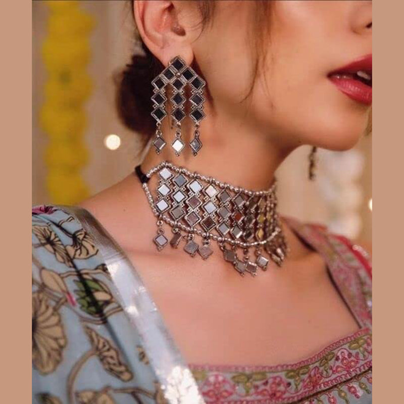 Subhag Alankar Silver Stunning choker necklace set with beautiful mirror work
