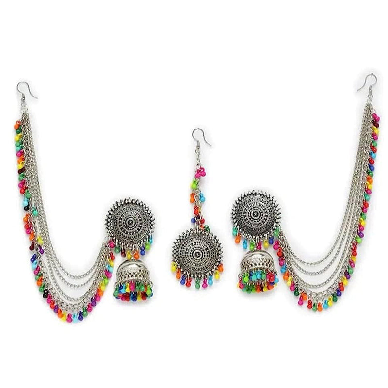 Darshana Jewels MultiColor Beautiful Kashmiri Tribe Style Jhumka Earrings With Maangtikka Bahubali Alloy Jhumki Earring, Earring Set (Copy)